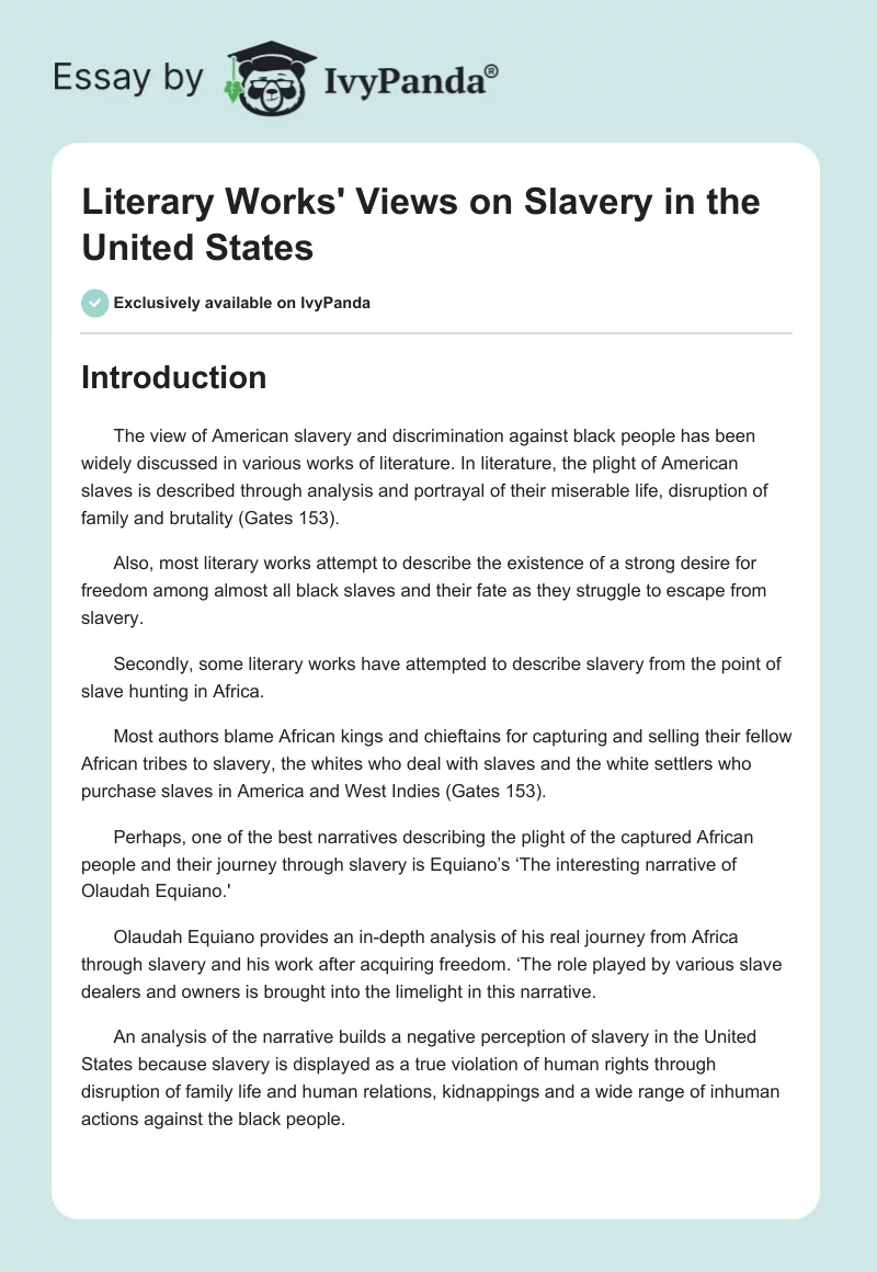 Literary Works' Views on Slavery in the United States. Page 1