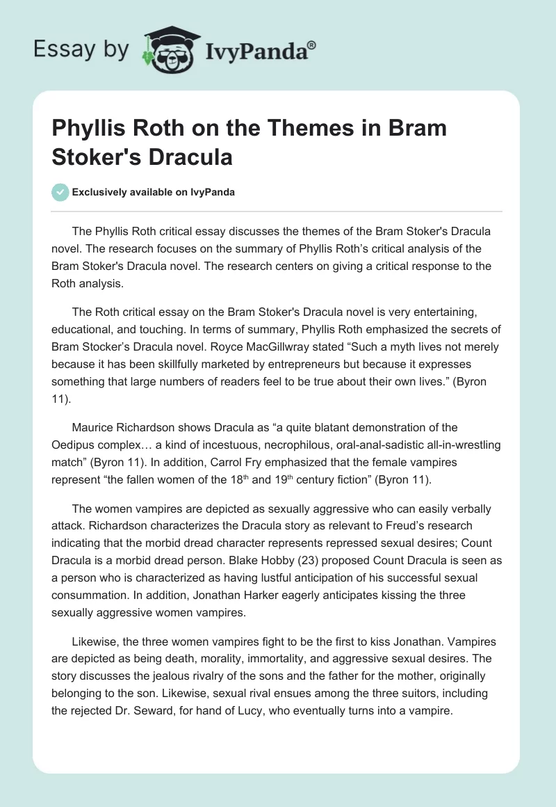 Phyllis Roth on the Themes in Bram Stoker's “Dracula”. Page 1