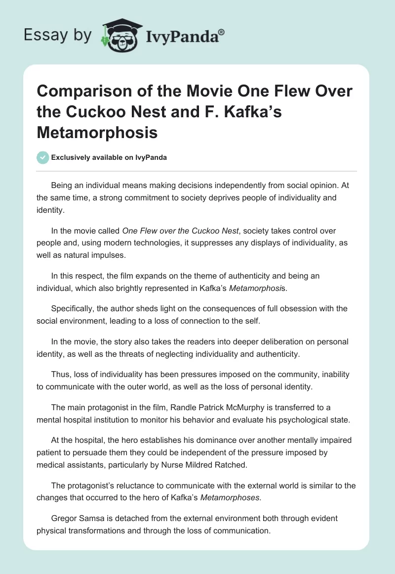 Comparison of the Movie "One Flew Over the Cuckoo Nest" and F. Kafka’s "The Metamorphosis". Page 1