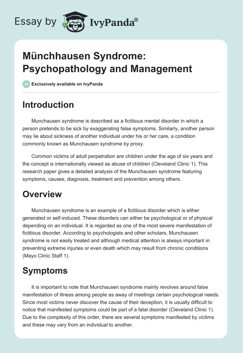 Münchhausen Syndrome: Psychopathology and Management. Page 1