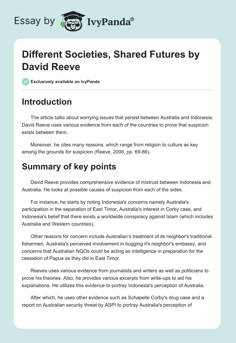 "Different Societies, Shared Futures" by David Reeve. Page 1