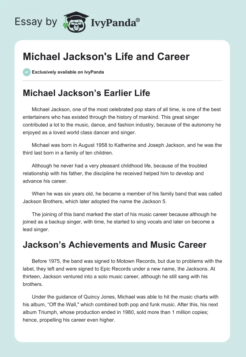 Michael Jackson's Life and Career. Page 1