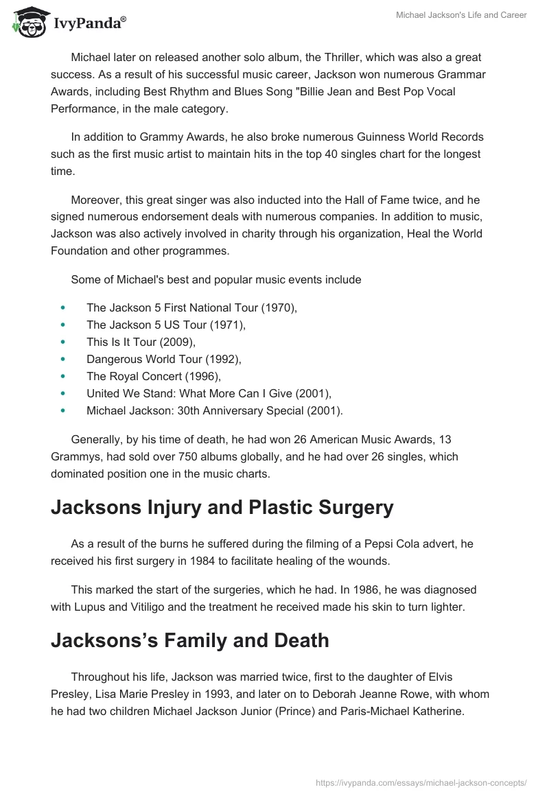 Michael Jackson's Life and Career. Page 2