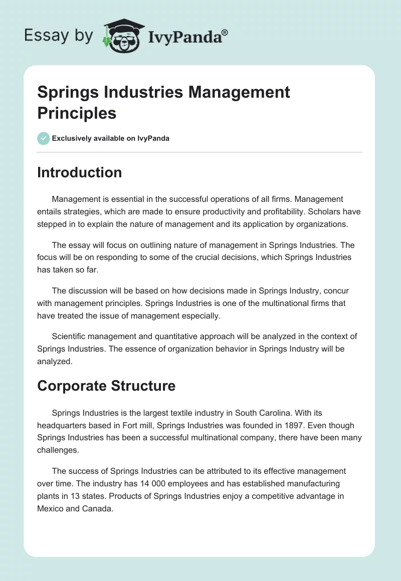 Springs Industries Management Principles. Page 1