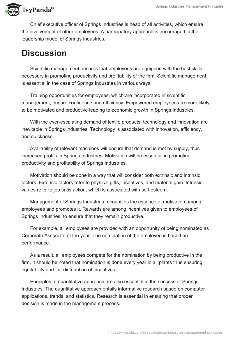 Springs Industries Management Principles. Page 2