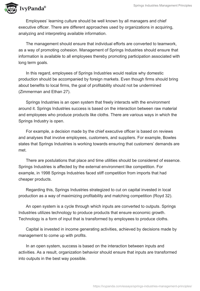 Springs Industries Management Principles. Page 4