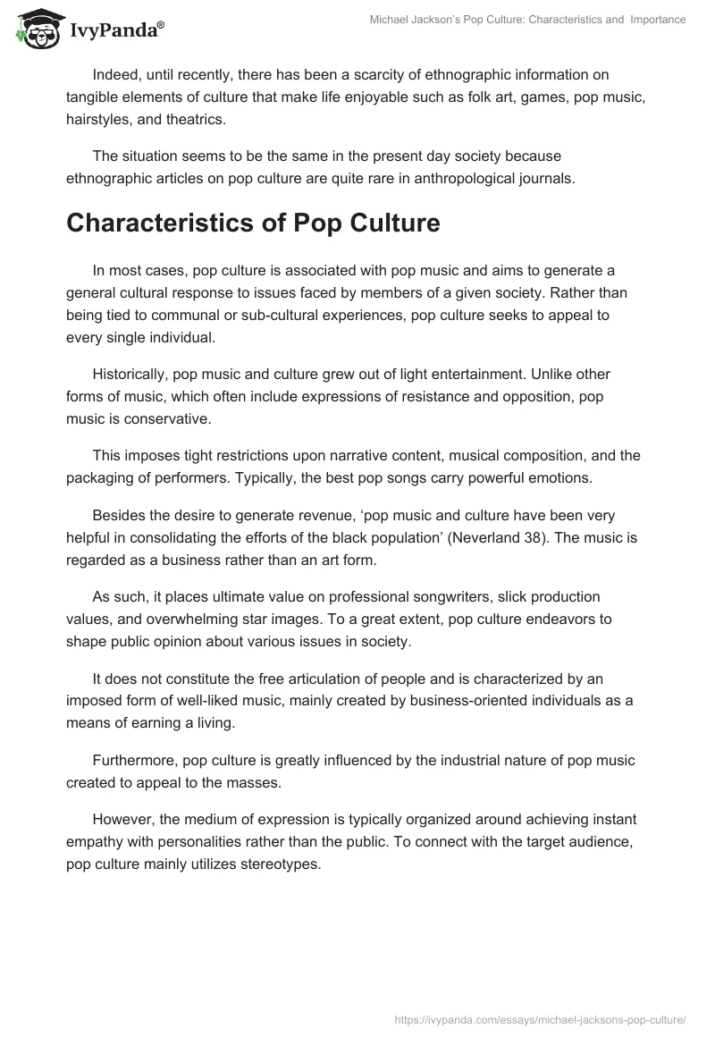 Michael Jackson’s Pop Culture: Characteristics and  Importance. Page 2