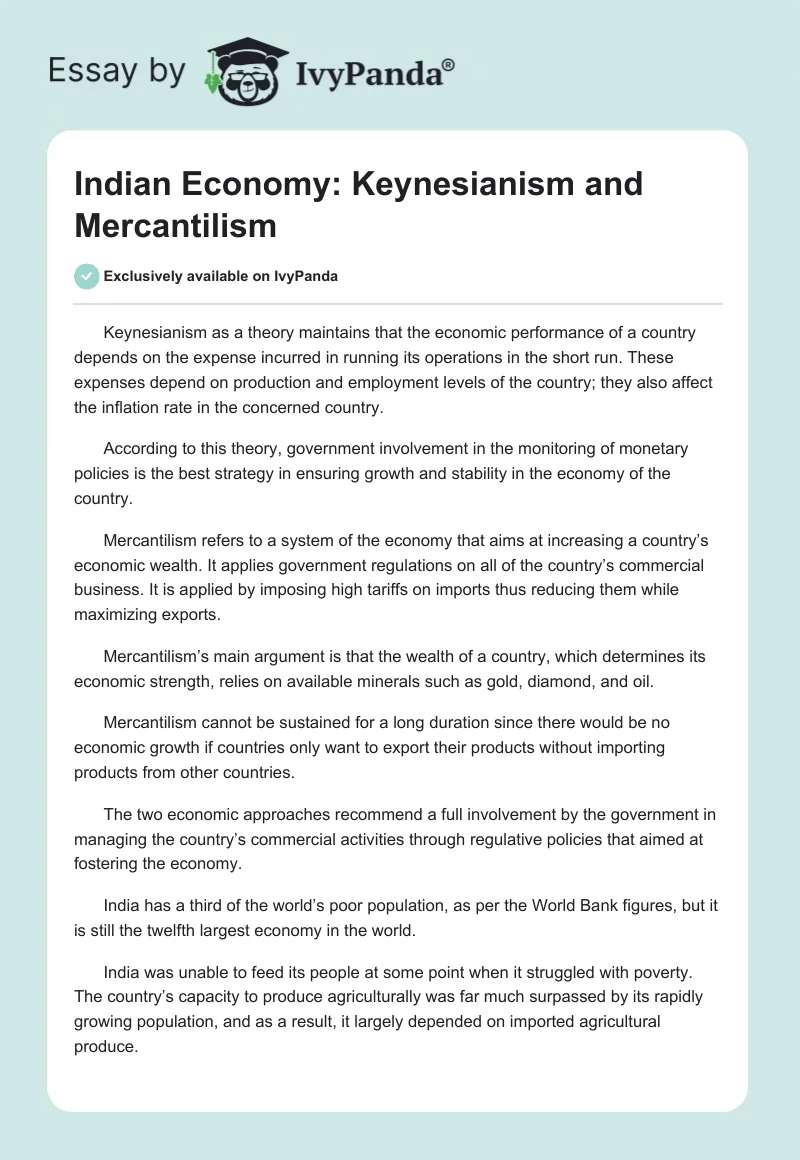 Indian Economy: Keynesianism and Mercantilism. Page 1