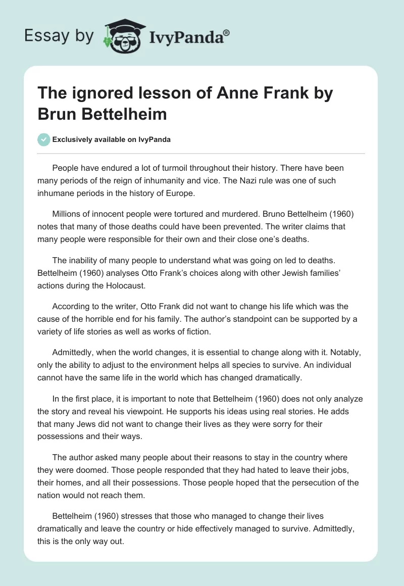 "The ignored lesson of Anne Frank" by Brun Bettelheim. Page 1