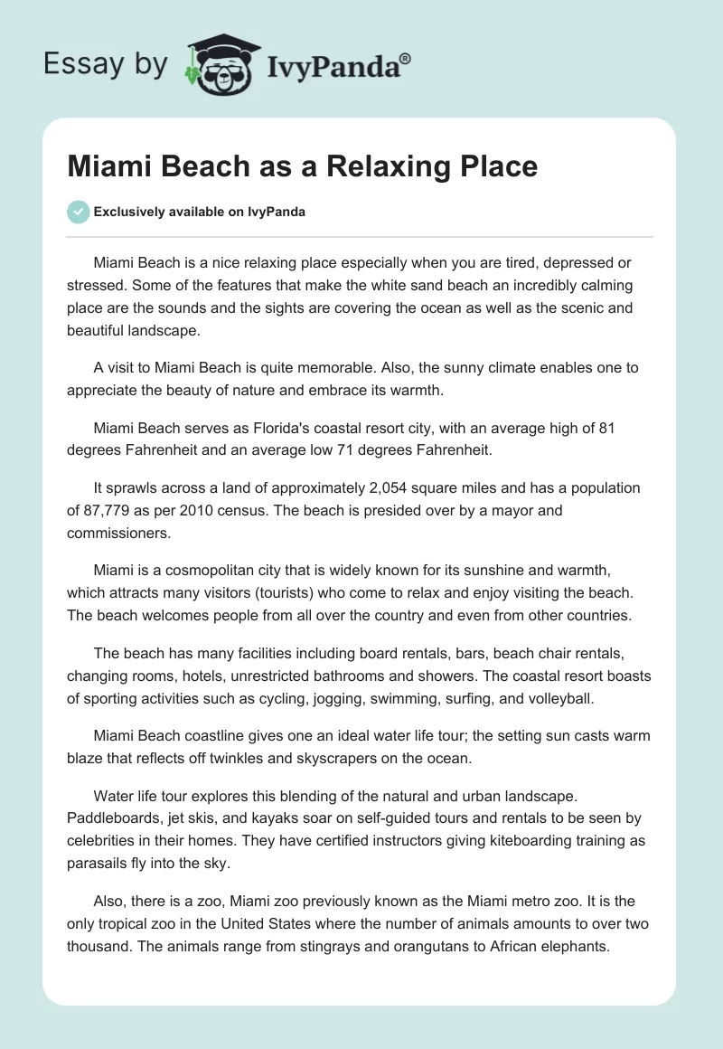 Miami Beach as a Relaxing Place. Page 1
