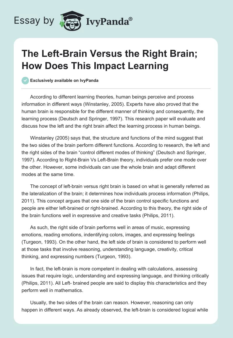 The Left-Brain Versus the Right Brain; How Does This Impact Learning. Page 1