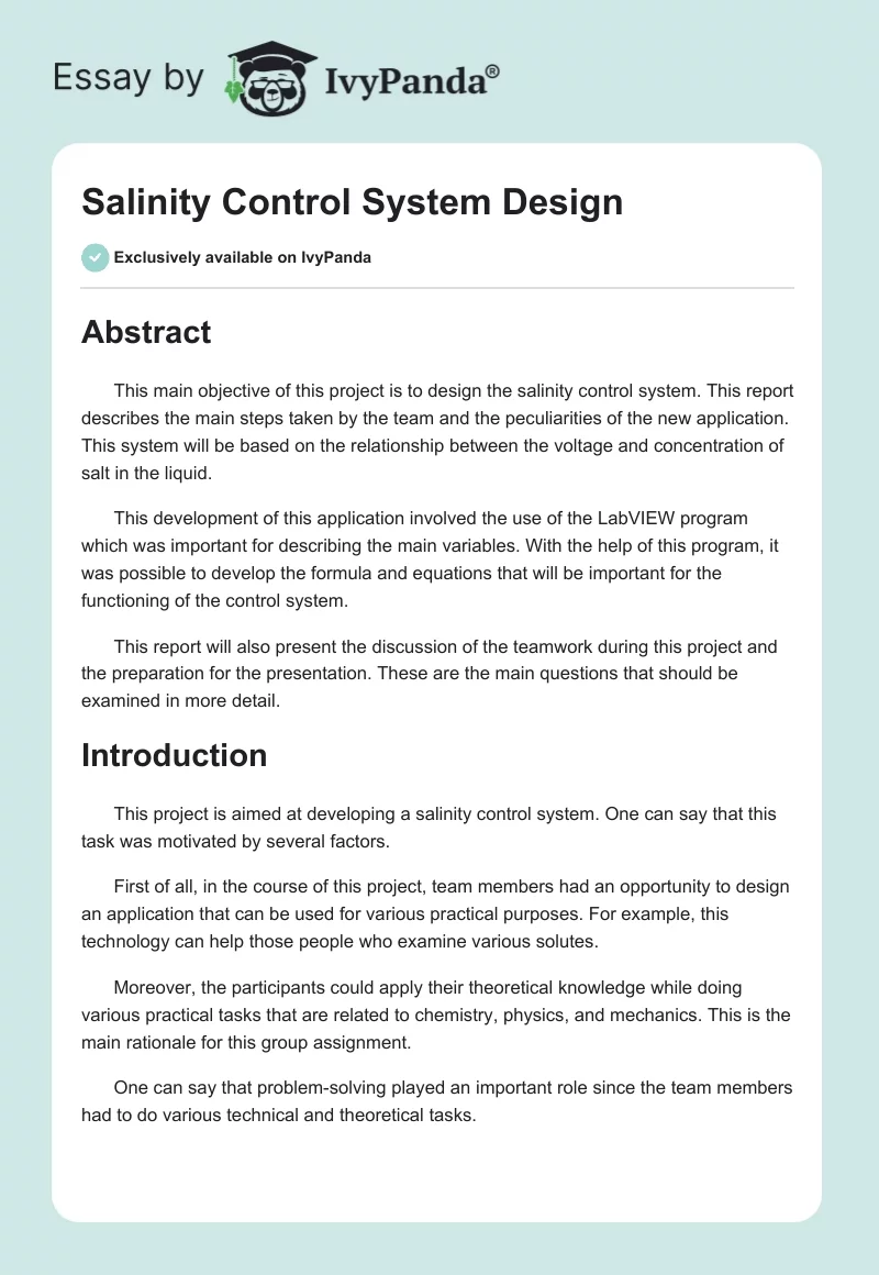 Salinity Control System Design. Page 1