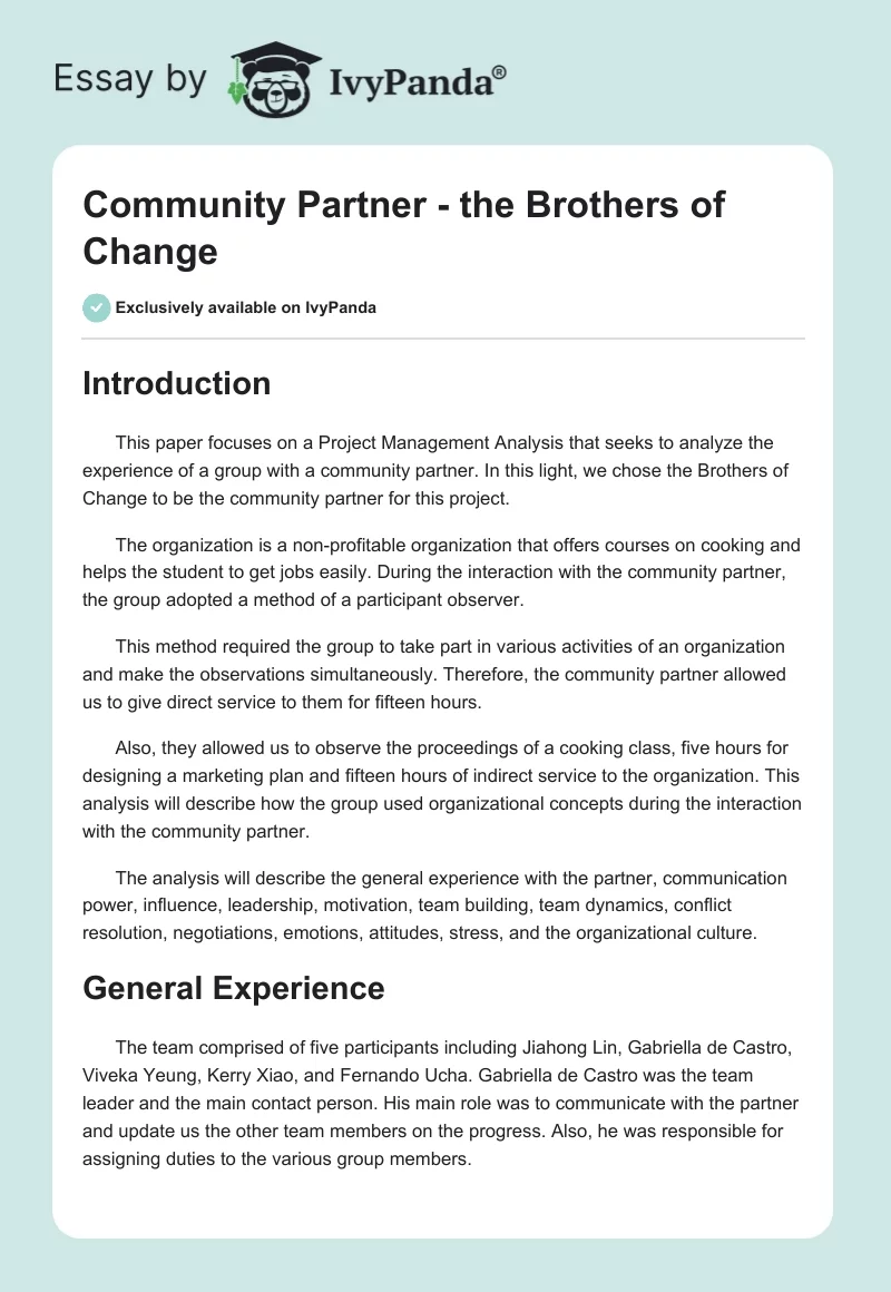 Community Partner - the Brothers of Change. Page 1