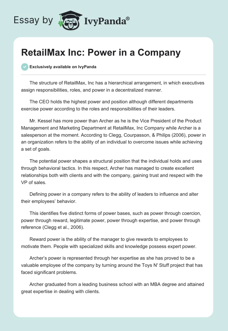 RetailMax Inc: Power in a Company. Page 1