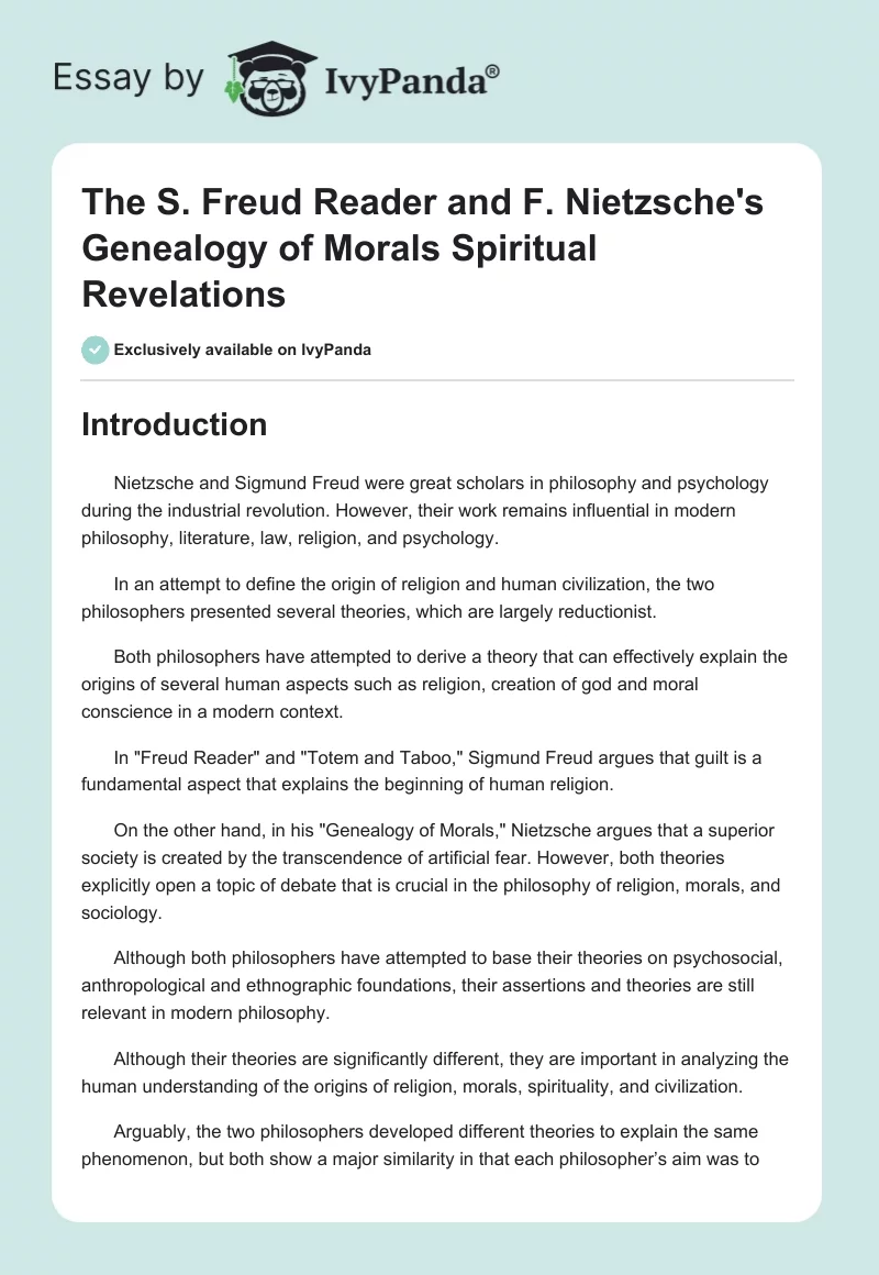 The S. Freud Reader and F. Nietzsche's Genealogy of Morals Spiritual Revelations. Page 1