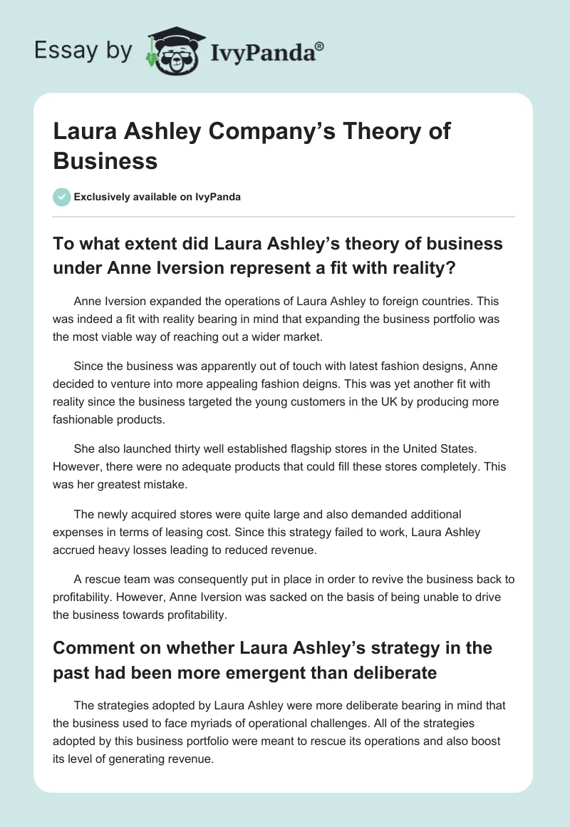 Laura Ashley Company’s Theory of Business. Page 1