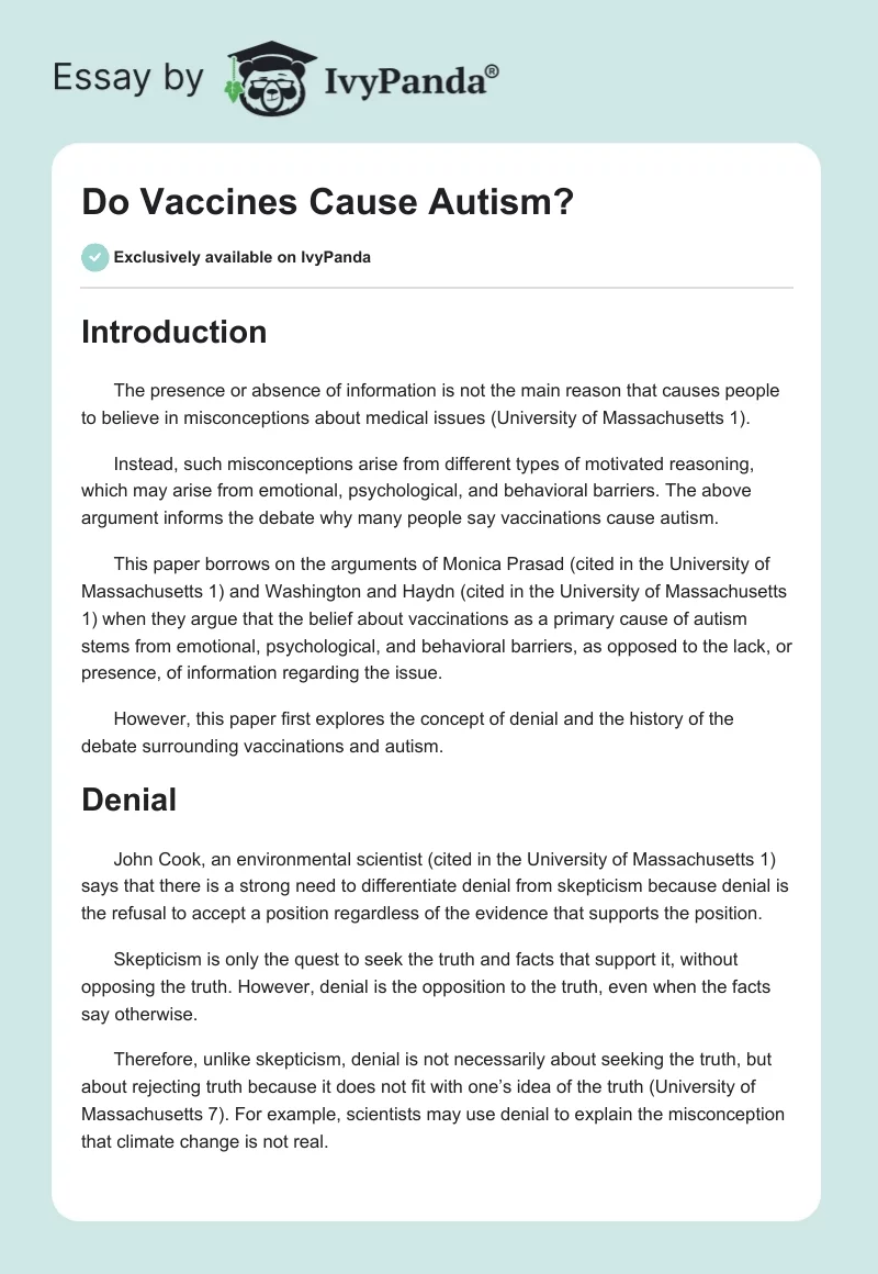 Vaccination as a Cause Autism. Page 1