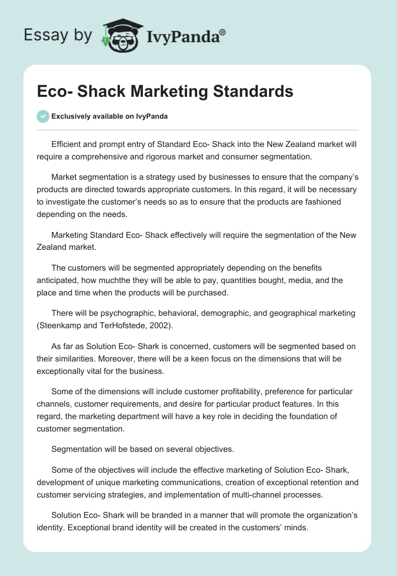 Eco- Shack Marketing Standards. Page 1
