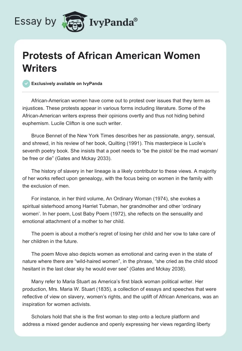 Protests of African American Women Writers. Page 1