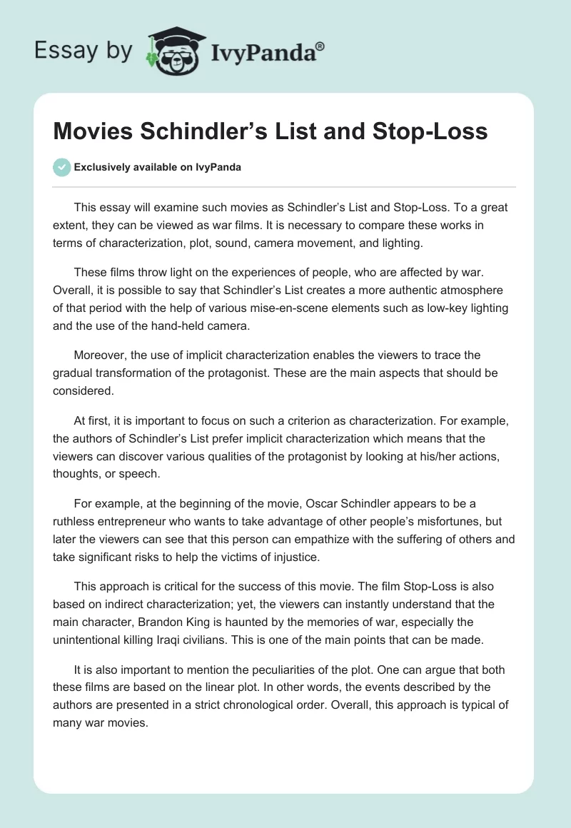 Movies Schindler’s List and Stop-Loss. Page 1