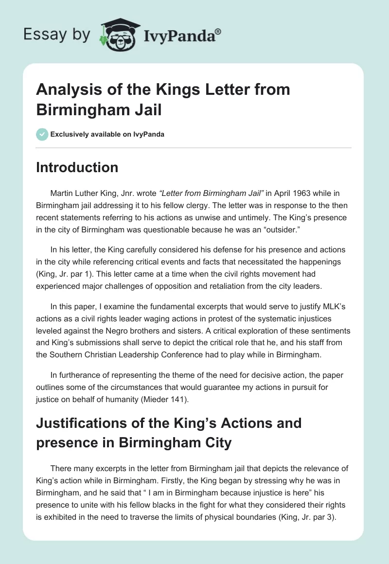 Analysis of the Kings Letter From Birmingham Jail. Page 1