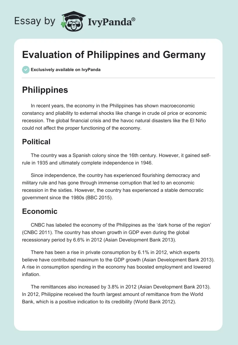 Evaluation of Philippines and Germany. Page 1