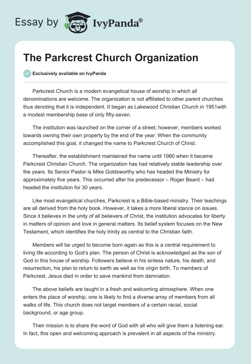 The Parkcrest Church Organization. Page 1