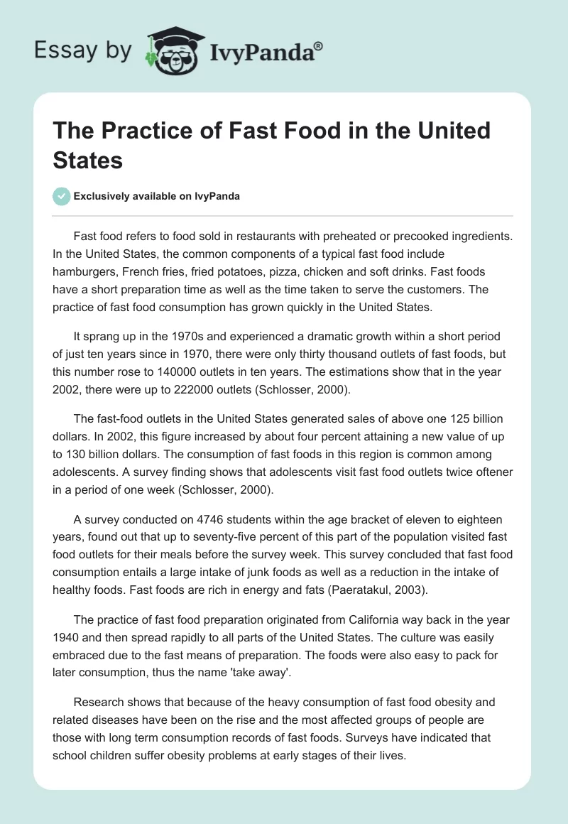 The Practice of Fast Food in the United States. Page 1