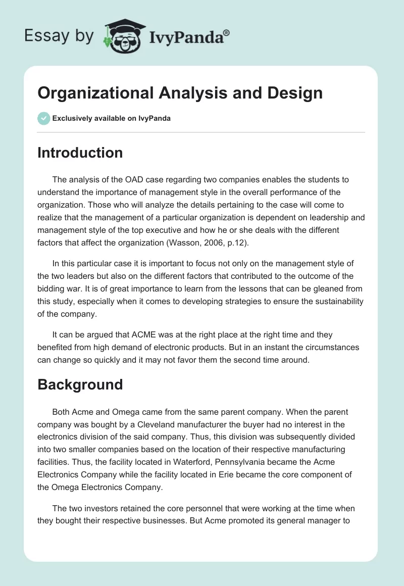 Organizational Analysis and Design. Page 1