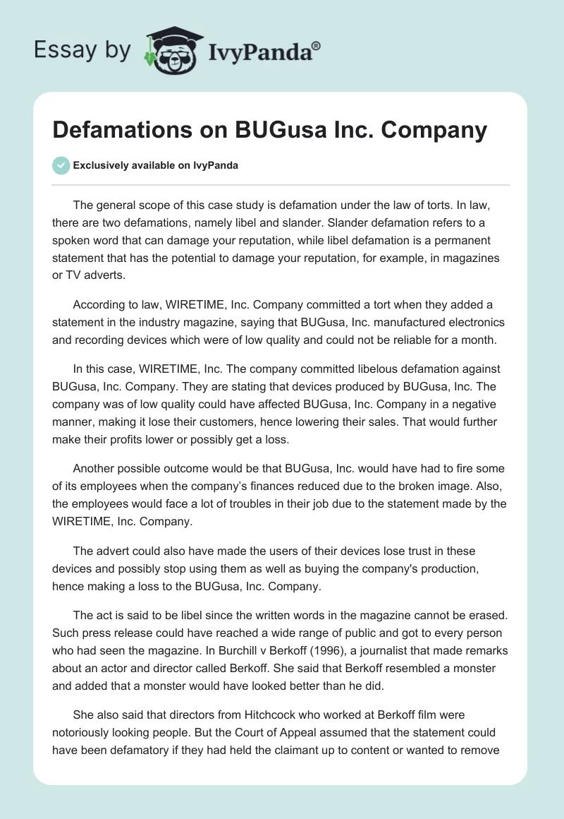 Defamations on BUGusa Inc. Company. Page 1