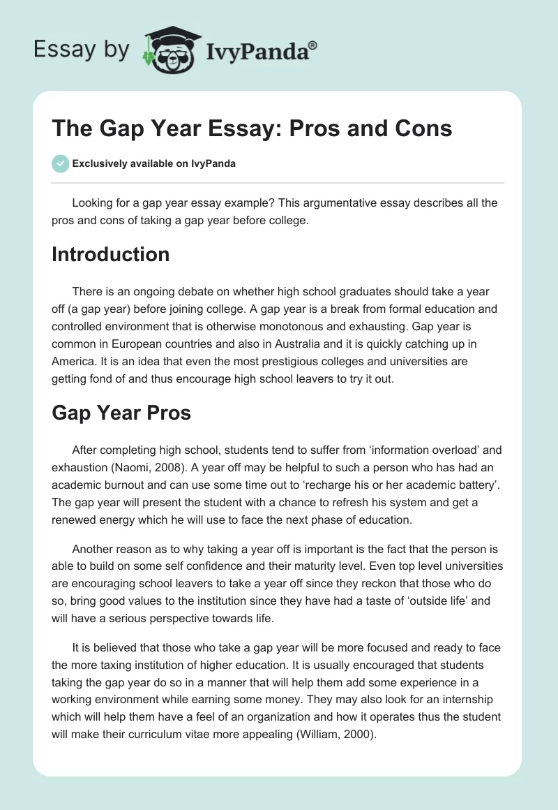 The Gap Year Essay: Pros and Cons. Page 1