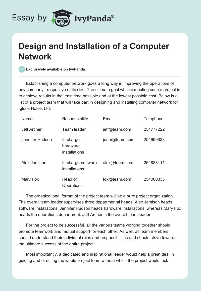 Design and Installation of a Computer Network. Page 1