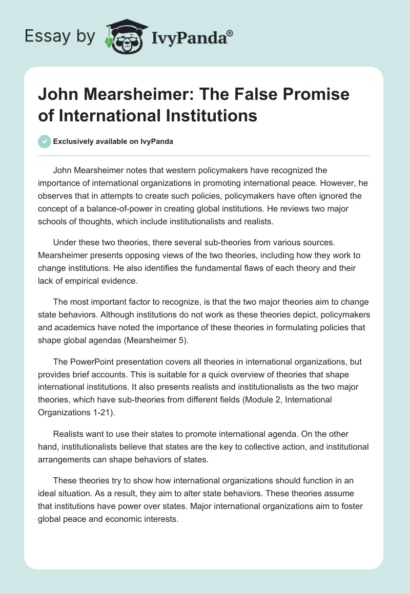 John Mearsheimer: The False Promise of International Institutions. Page 1