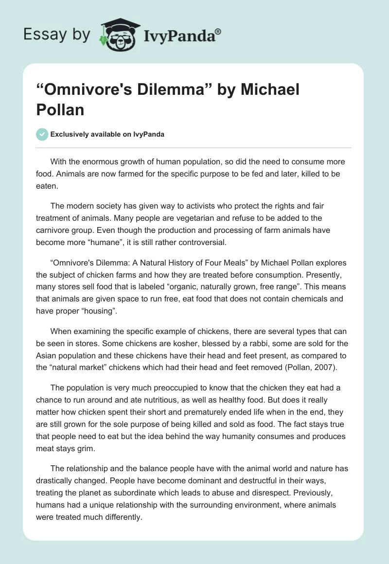 “Omnivore's Dilemma” by Michael Pollan. Page 1