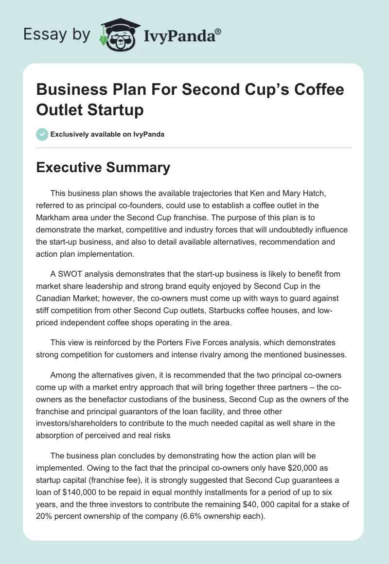 Business Plan For Second Cup’s Coffee Outlet Startup. Page 1
