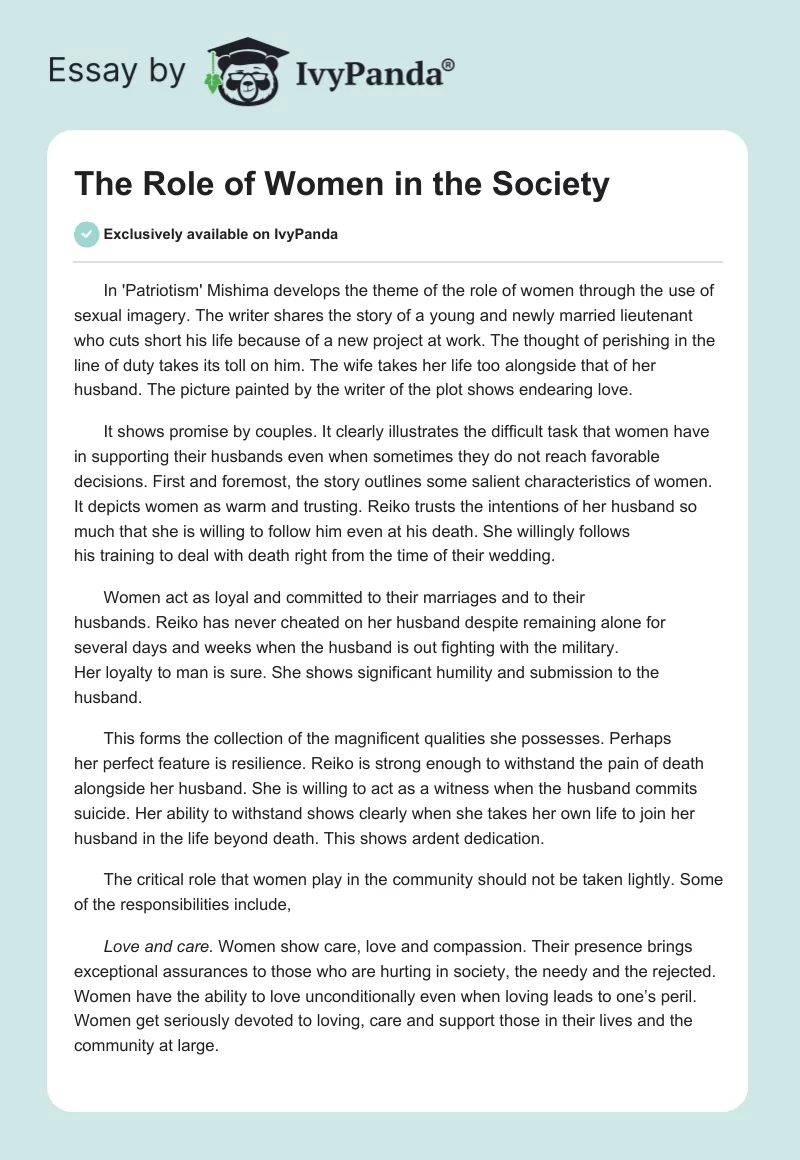 The Role of Women in the Society. Page 1