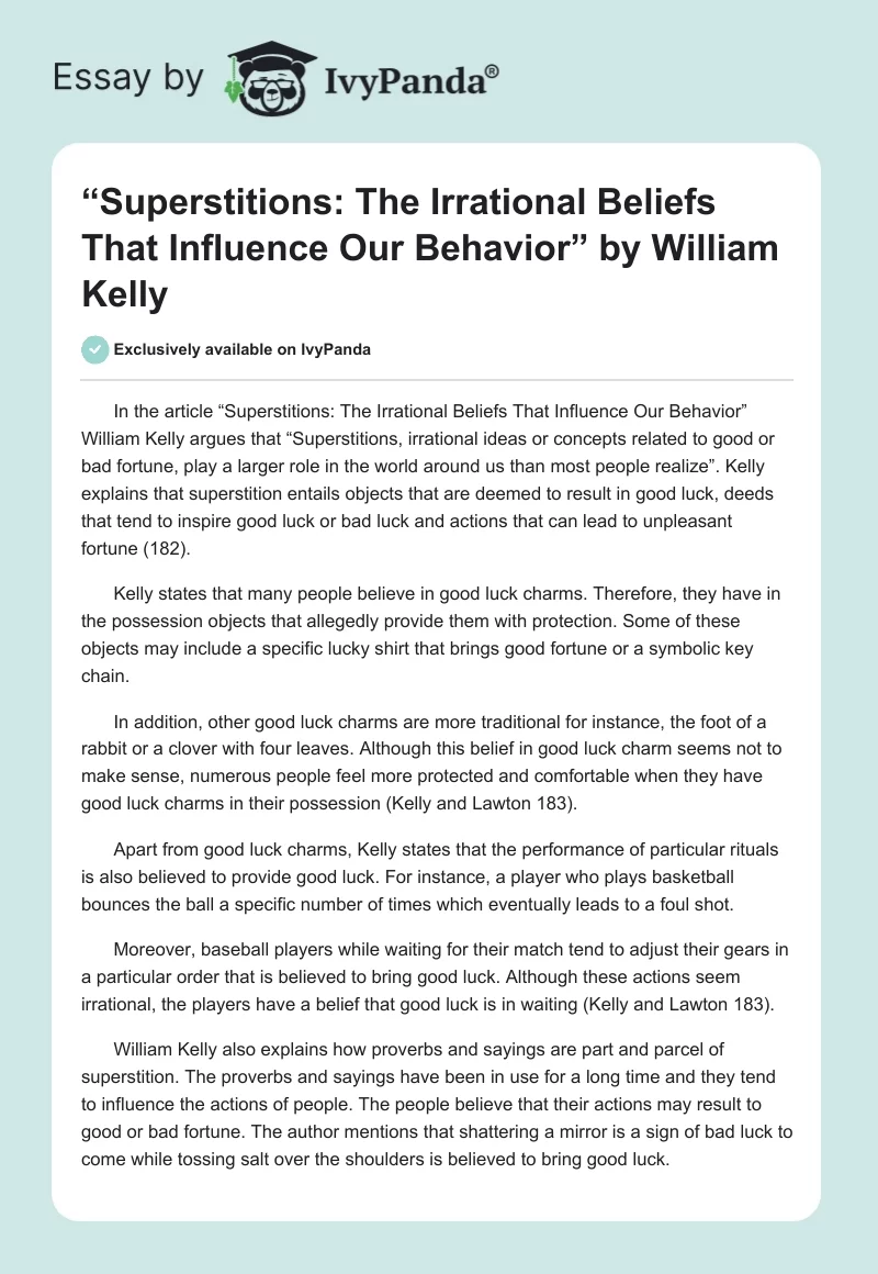 “Superstitions: The Irrational Beliefs That Influence Our Behavior” by William Kelly. Page 1