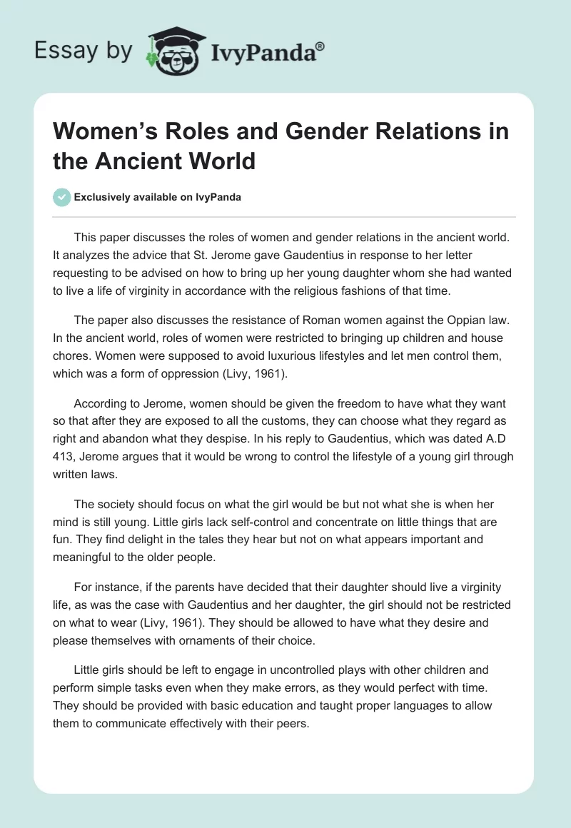 Women’s Roles and Gender Relations in the Ancient World. Page 1
