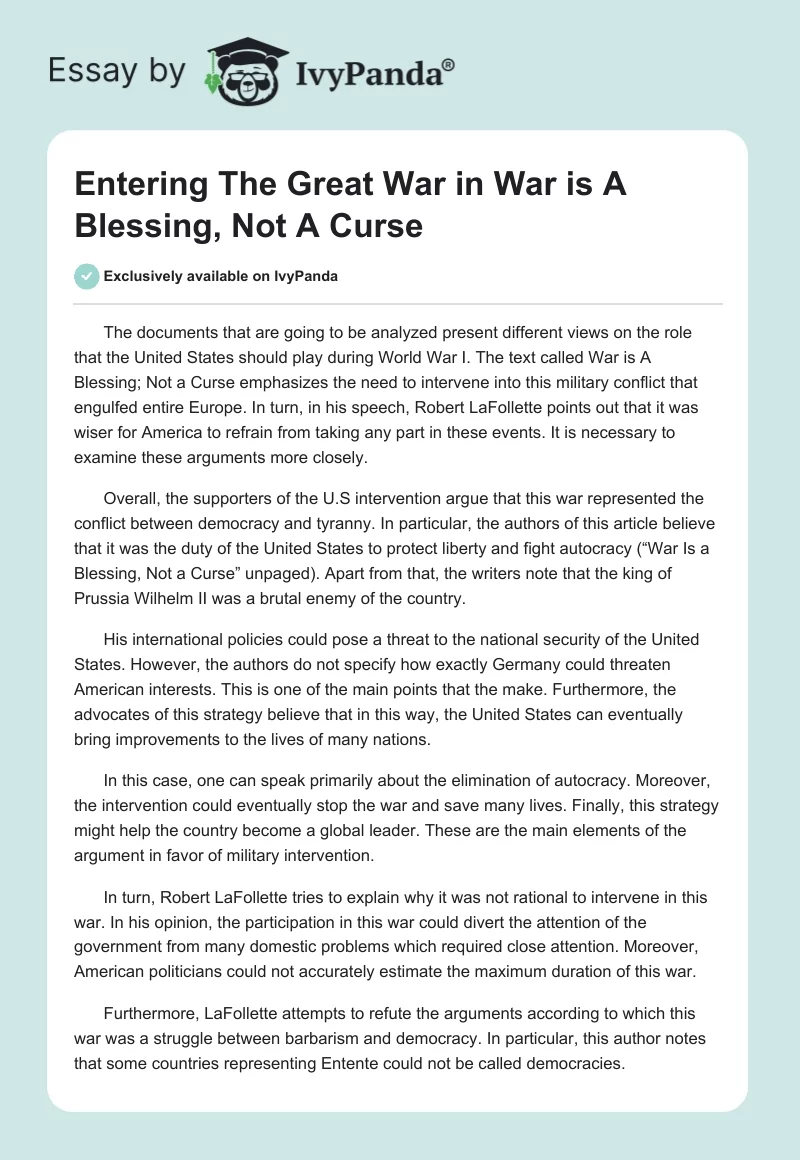 Entering the Great War in War is a Blessing, Not a Curse. Page 1