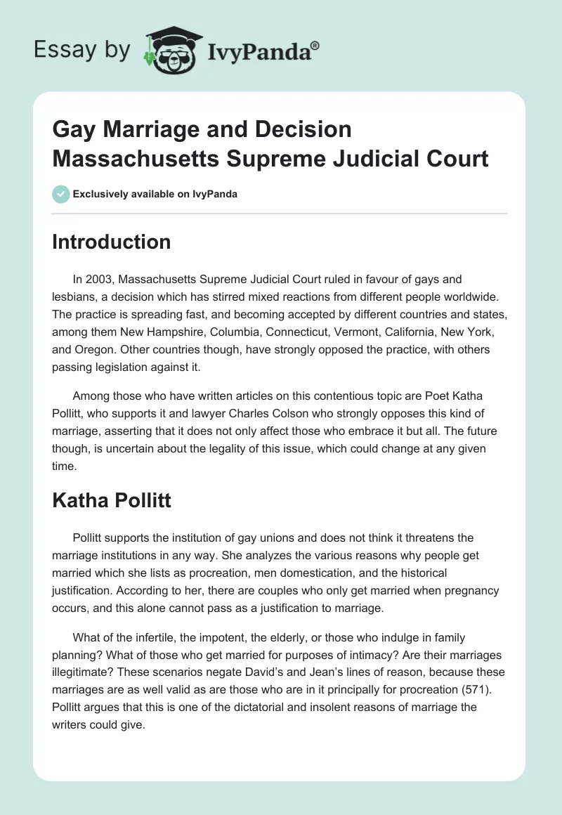 Gay Marriage and Decision Massachusetts Supreme Judicial Court. Page 1