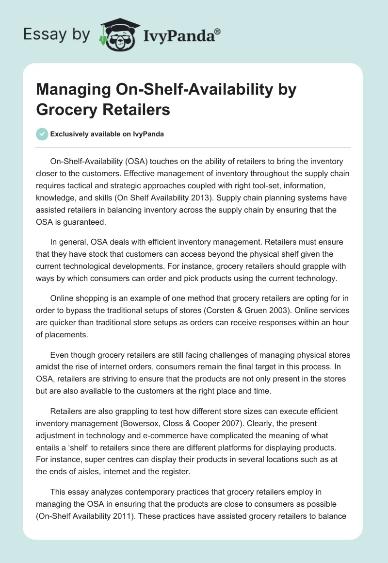 Managing On-Shelf-Availability by Grocery Retailers. Page 1