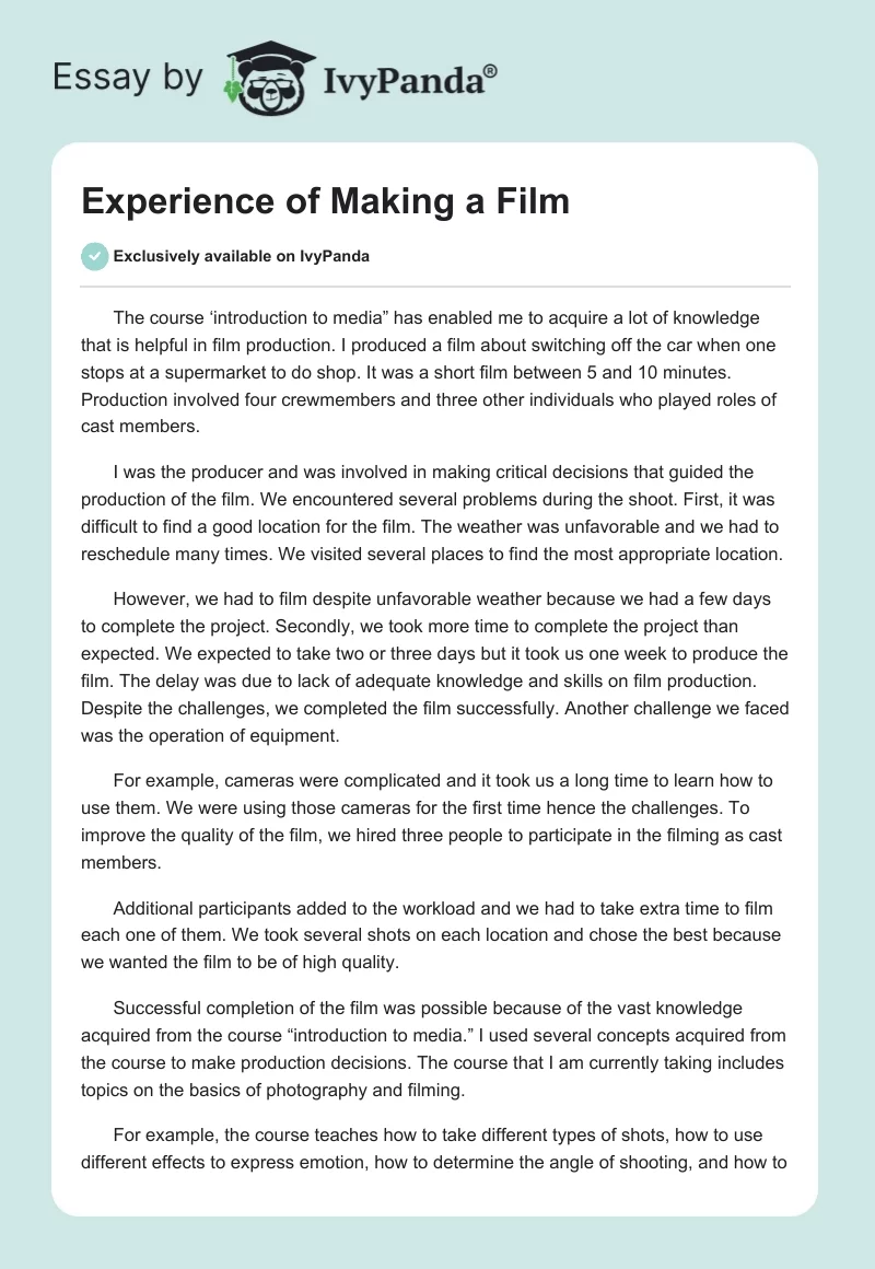 Experience of Making a Film. Page 1