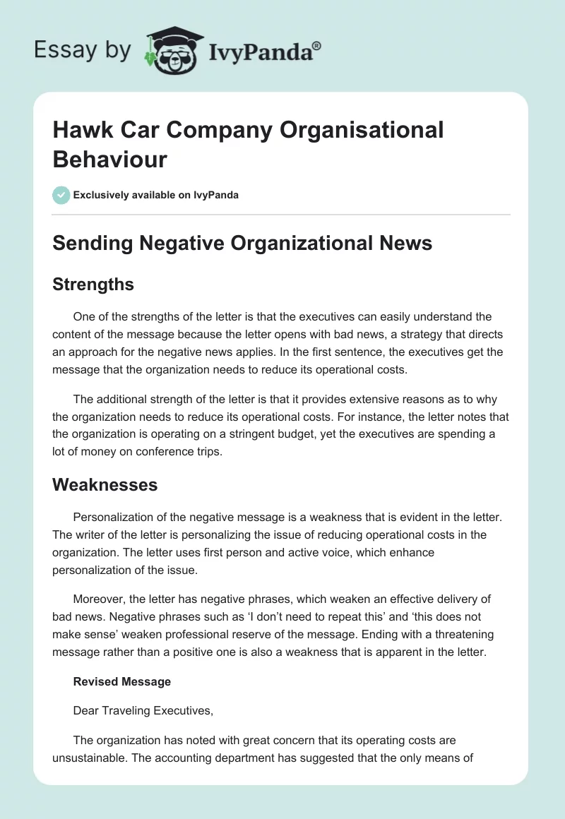 Hawk Car Company Organisational Behaviour. Page 1