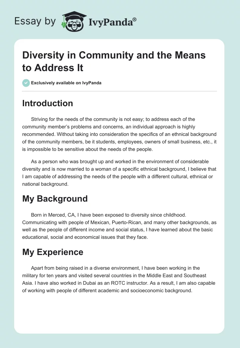 Diversity in Community and the Means to Address It. Page 1