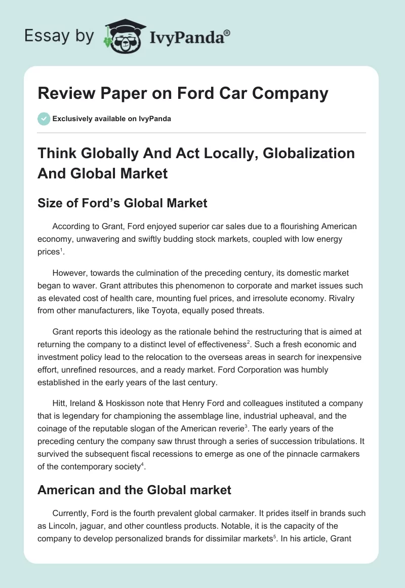 Review Paper on Ford Car Company. Page 1