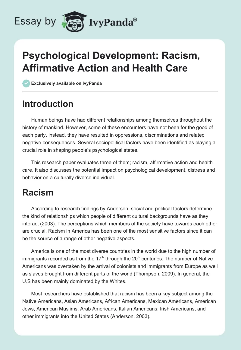 Psychological Development: Racism, Affirmative Action and Health Care. Page 1