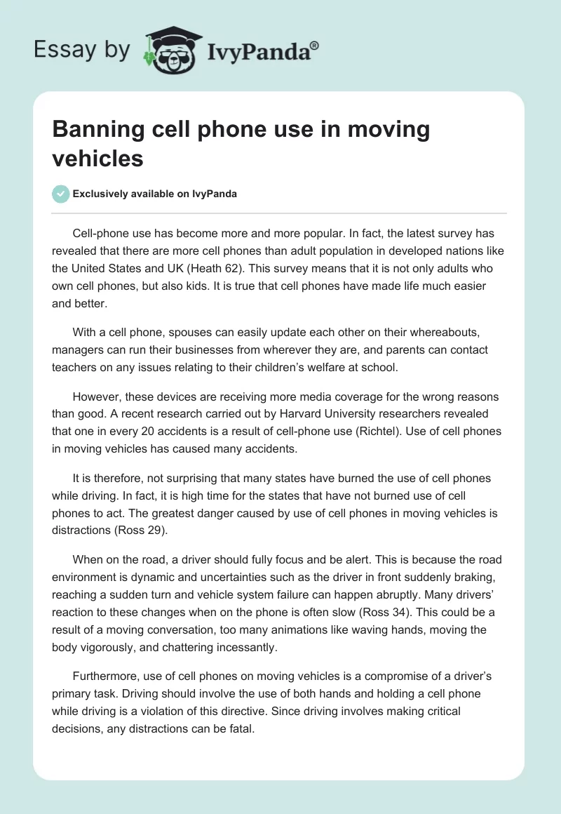 Banning Cell Phone Use in Moving Vehicles. Page 1