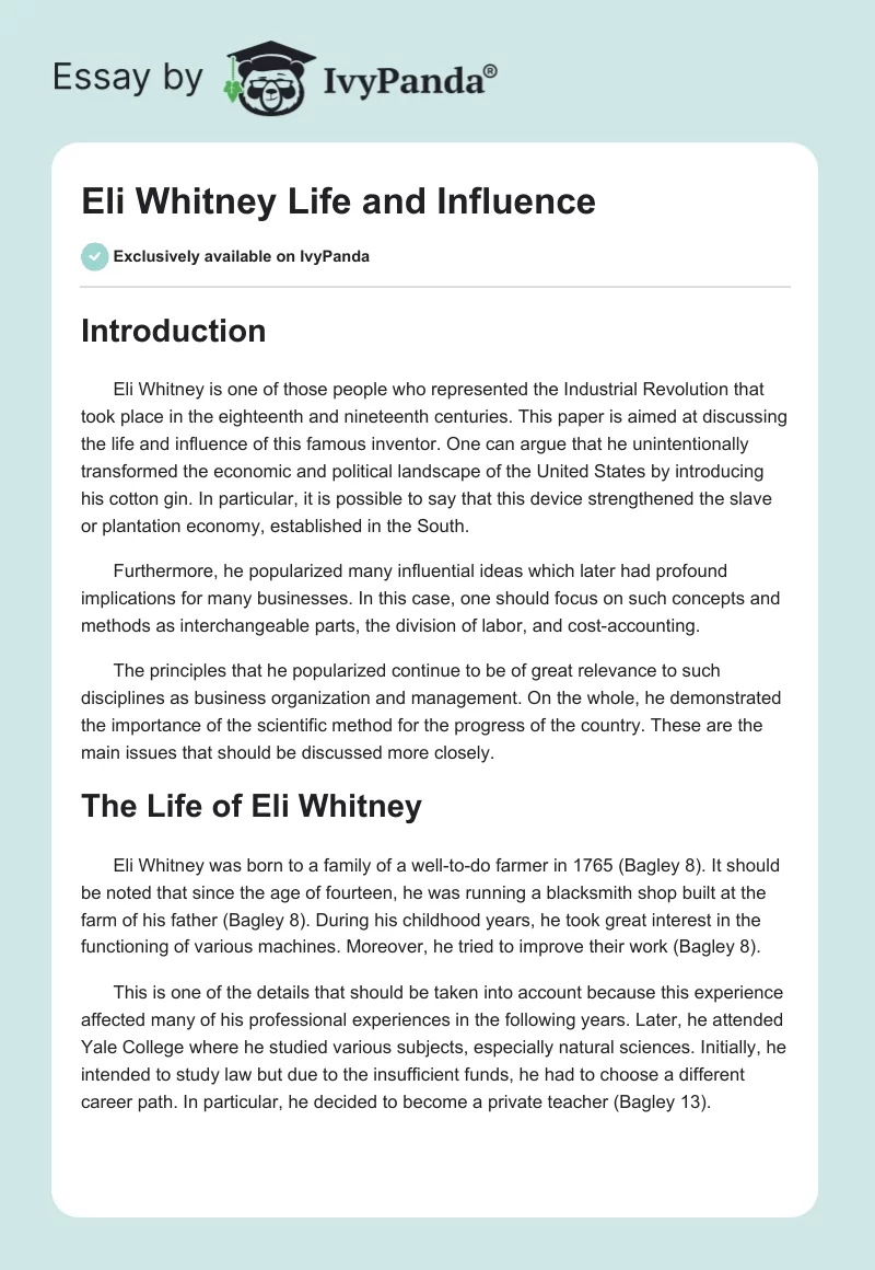 Eli Whitney Life and Influence. Page 1