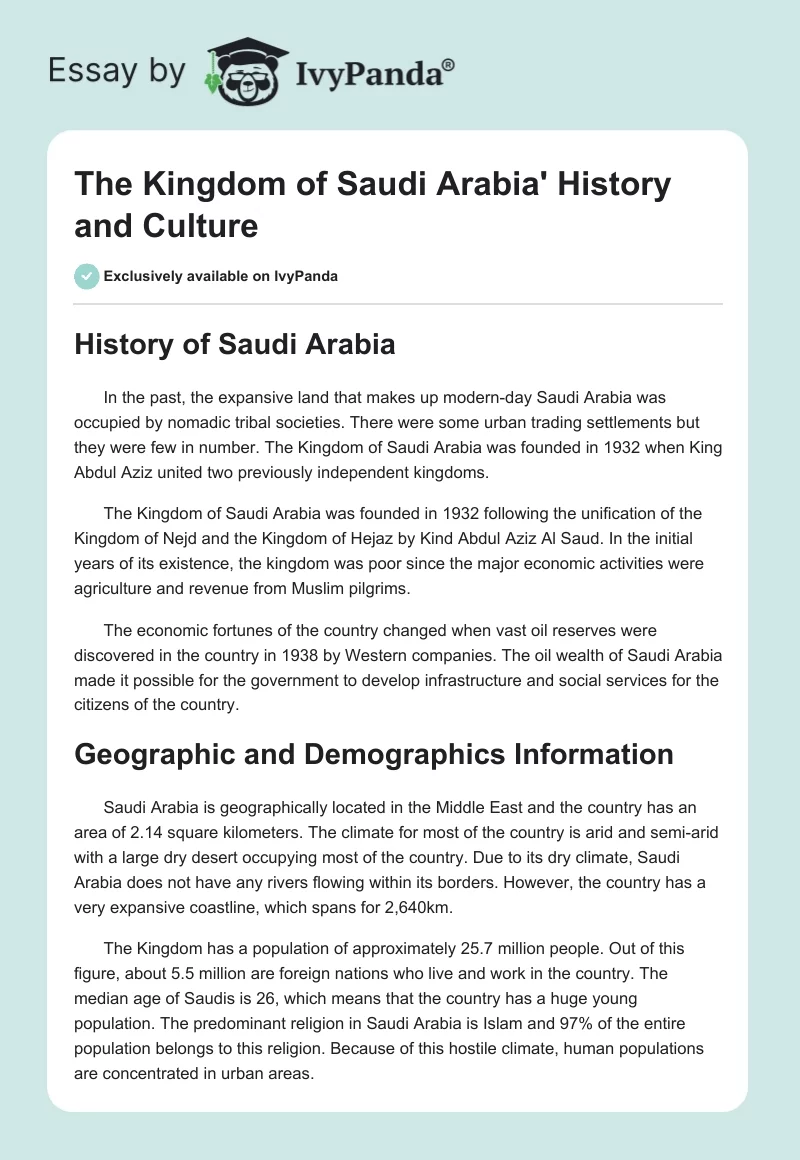 The Kingdom of Saudi Arabia' History and Culture. Page 1