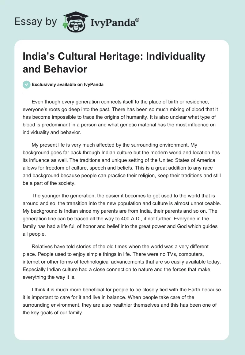 India’s Cultural Heritage: Individuality and Behavior. Page 1